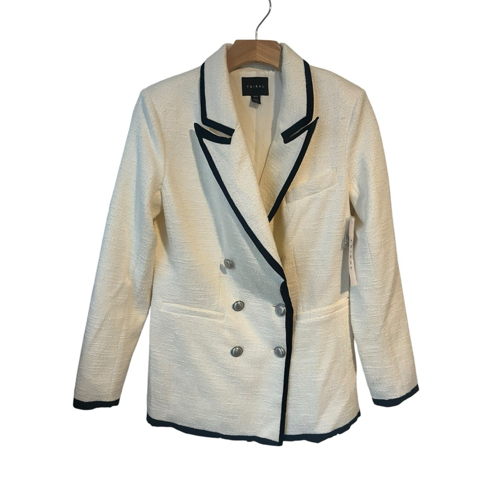 Tribal Blazer Jacket Womens XS Cream Black Notch Lapel NWT